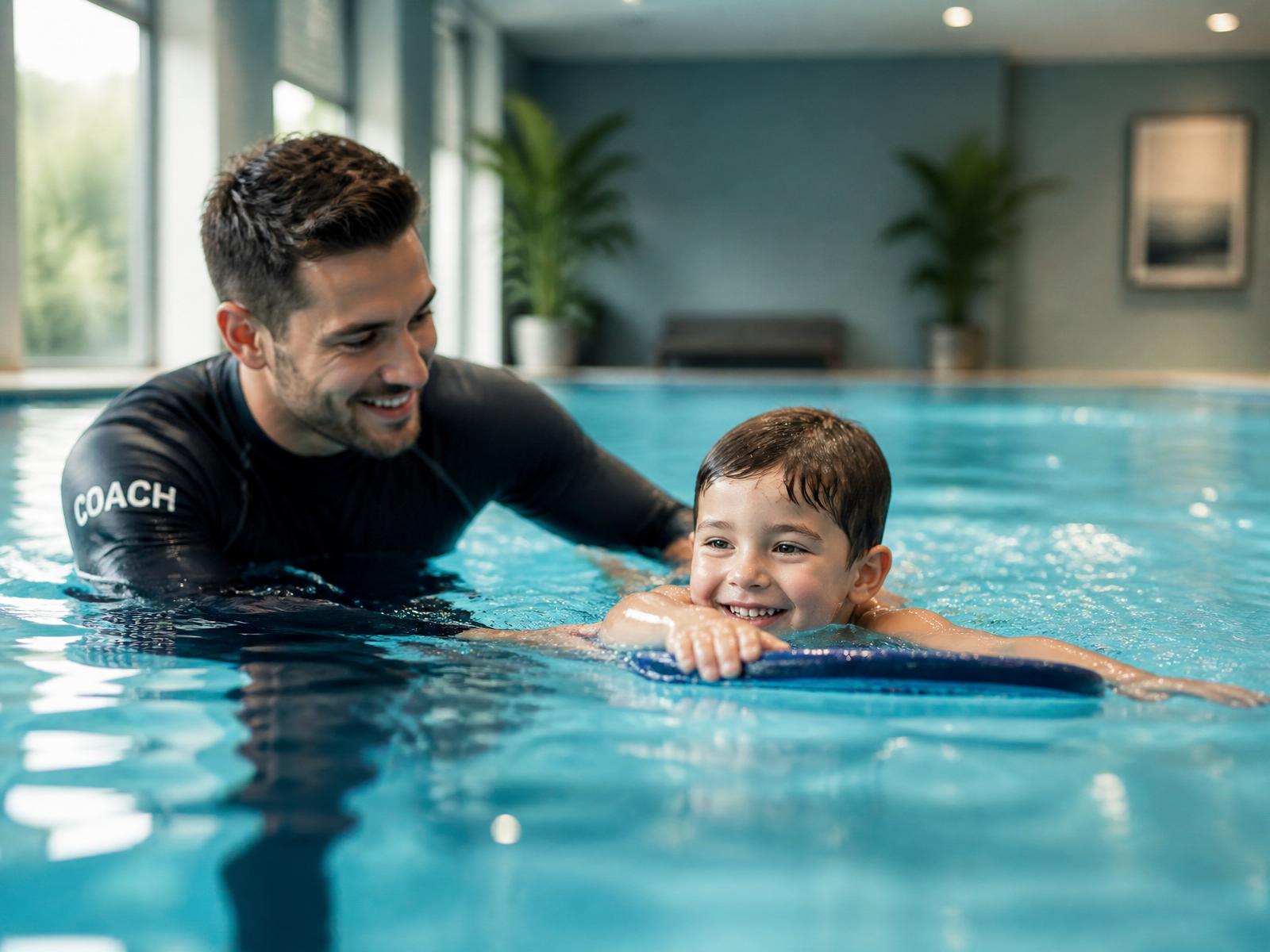 Coach teaching a young child in the pool