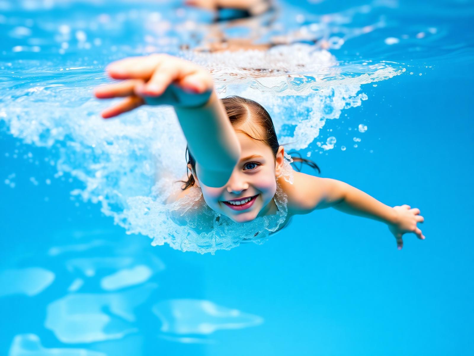 Child swimming freestyle underwater