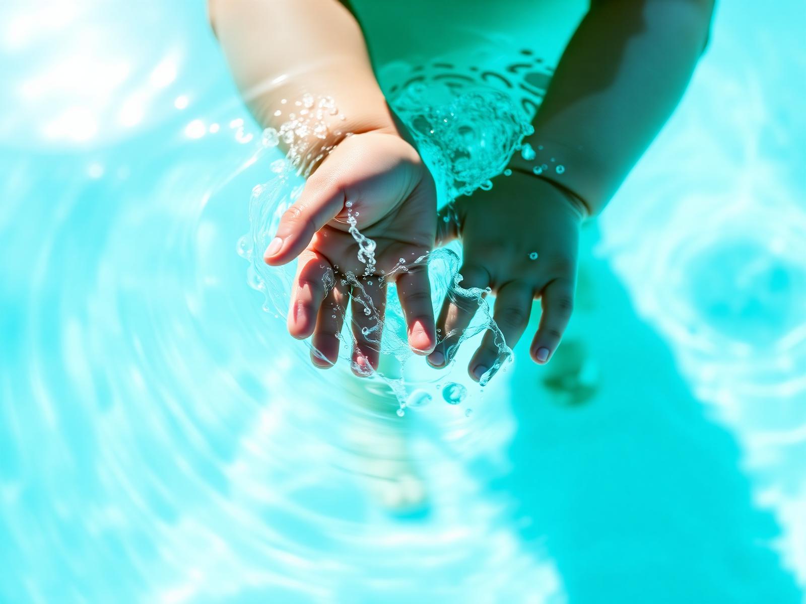 Close-up of a child's hands in the pool water